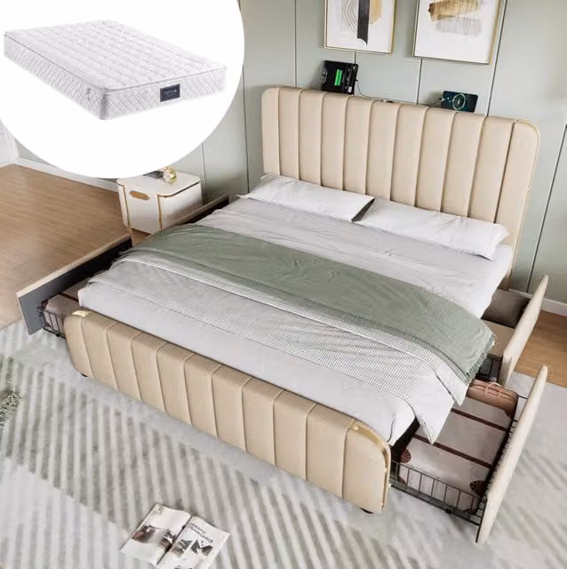 Letto matrimoniale imbottito 140x200 cm con 4 cassetti; USB e Type-C; lino beige