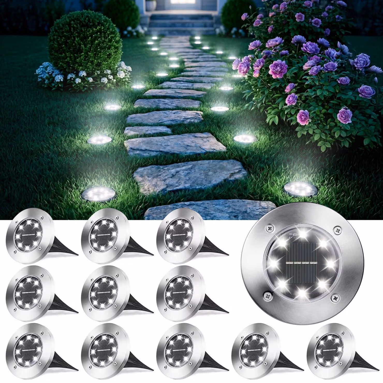 Luci solari per giardino da esterno, luci impermeabili per giardino con 8 lampade solari a disco a LED, confezione da 12