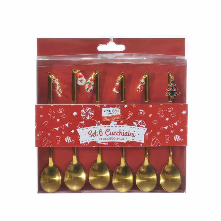 Vestiamo Casa Gran Natale - Set di 6 cucchiaini in acciaio inox color oro con pendenti decorativi, lavabili in lavastoviglie