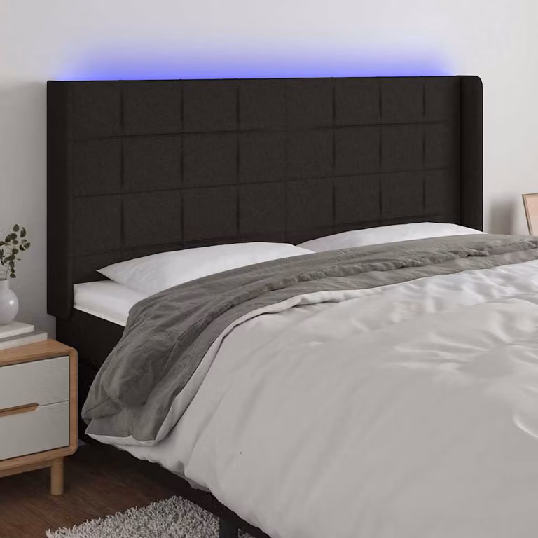 Testiera con LED e porta USB vidaXL in tessuto nero, L: 203 cm, P: 16 cm, H: 118/128 cm