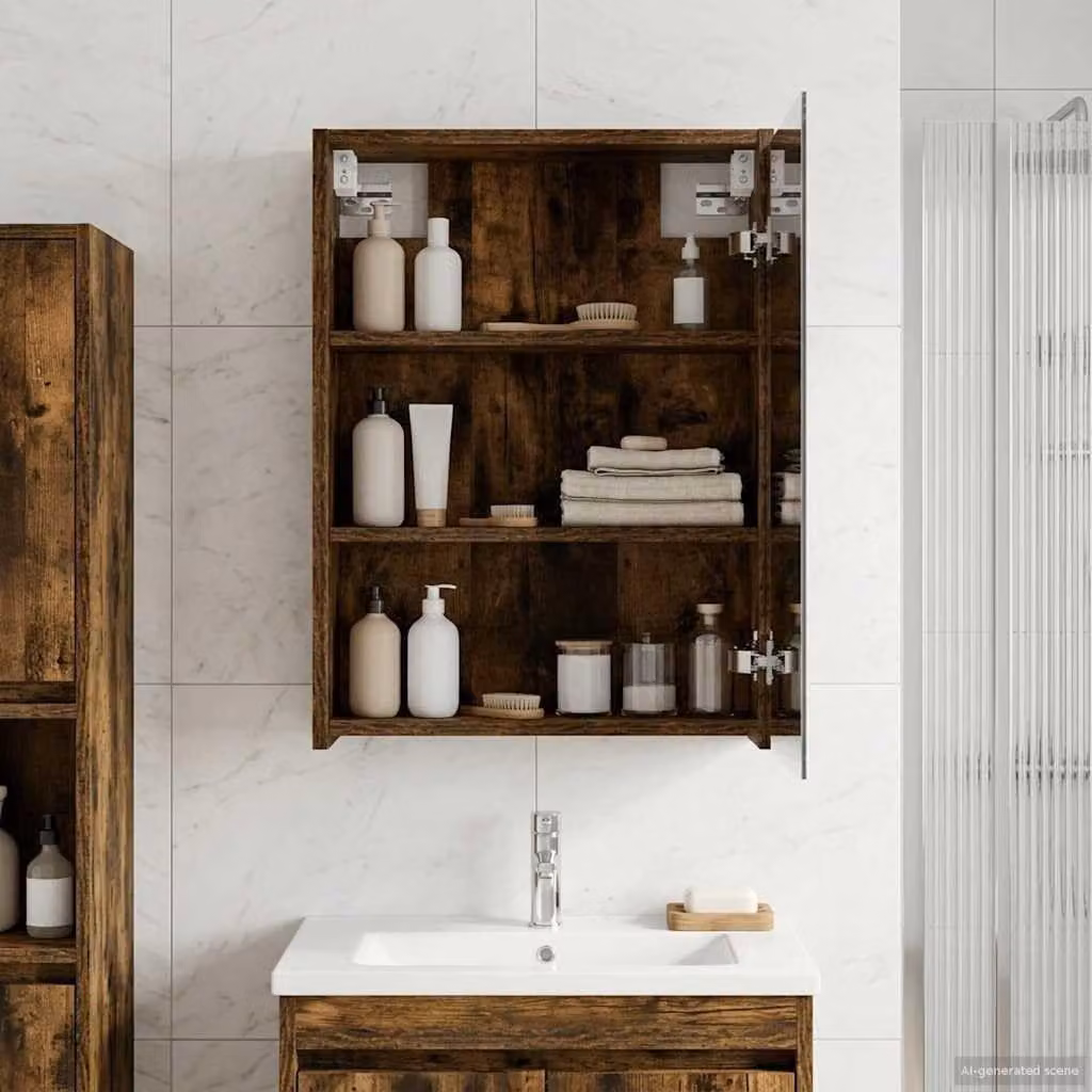 Specchio da bagno a doppio lato, in legno di quercia affumicato