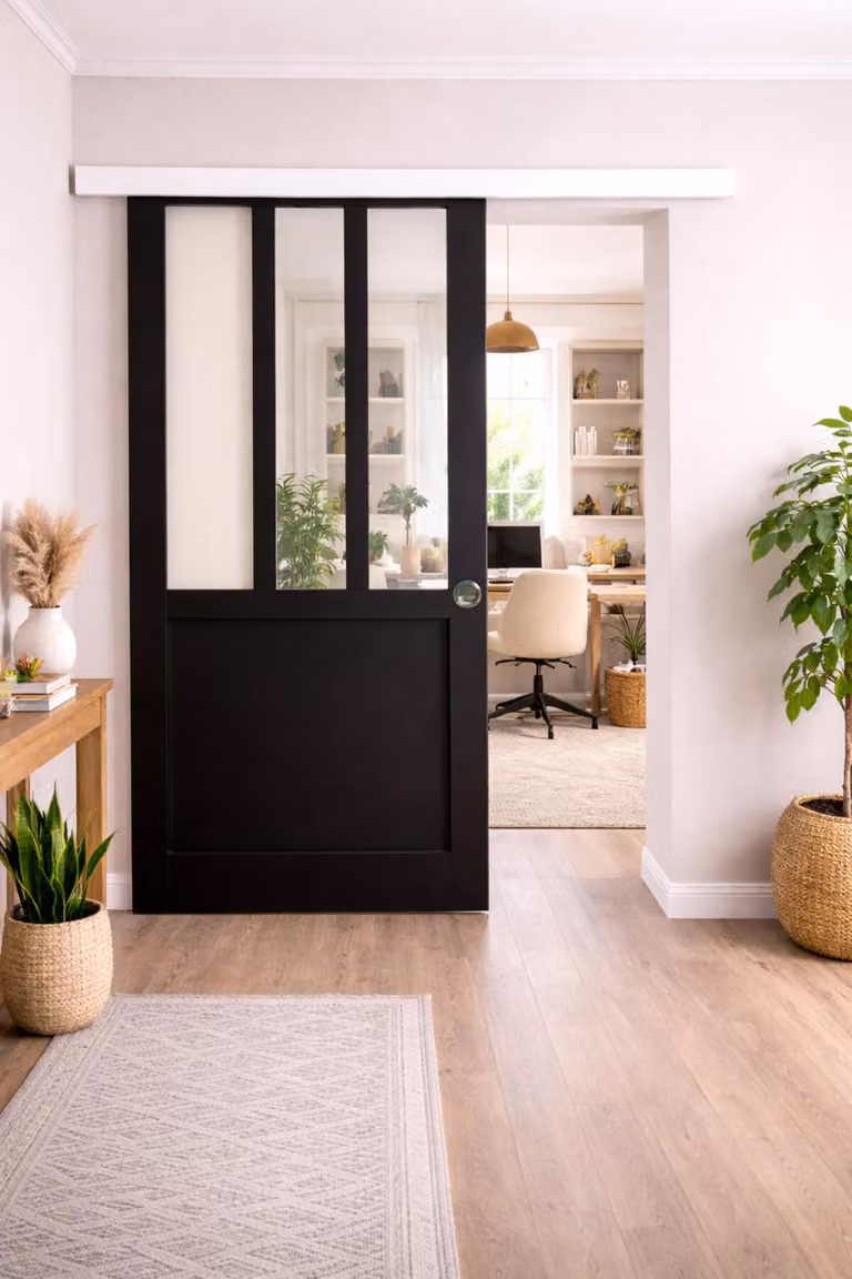 Porta scorrevole da officina nera H204 x L83 cm, binario in alluminio con fascia bianca, conchiglie Gd Menuiseries