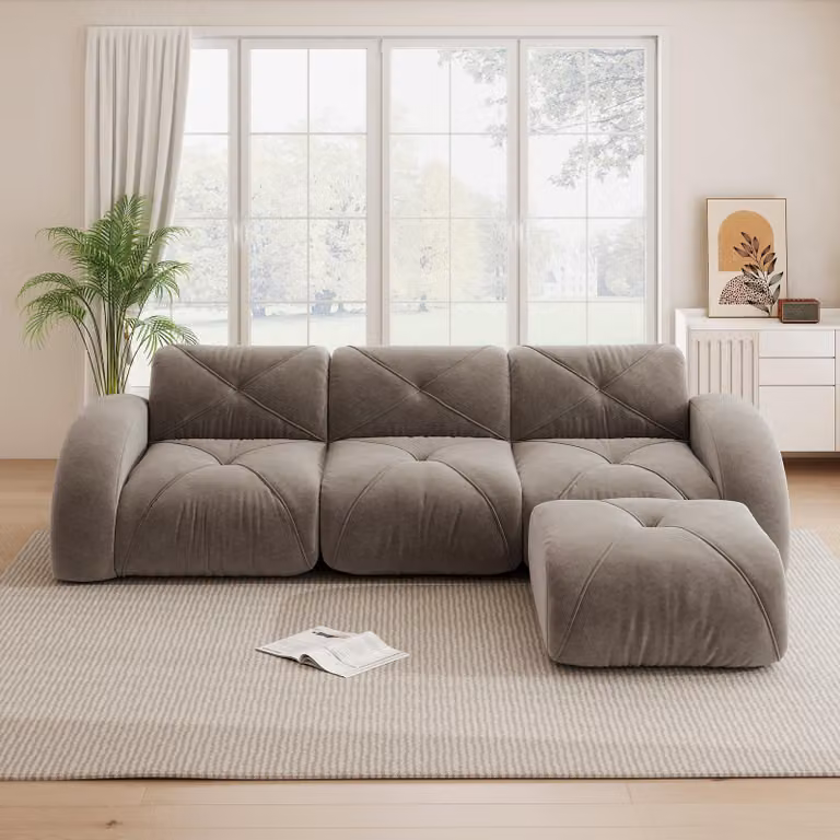 Poltrona a forma di L, divano modulare, divano a tre posti, senza necessità di montaggio, antiscivolo, con poggiapiedi (color tortora)