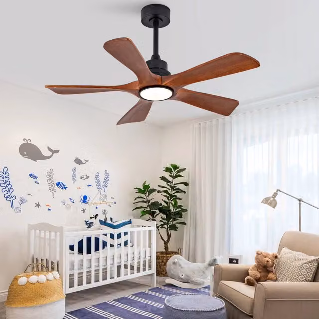 Ventilatore da soffitto 42 pollici con luce LED; 5 pale in legno; telecomando; noce e nero