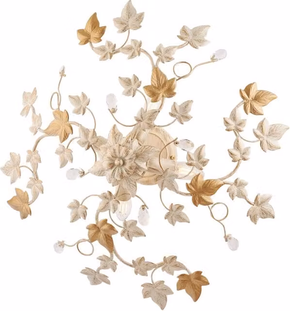 Plafoniera Shabby Edera Belight con 4 Luci in Metallo e Cristalli, Colore Avorio e Oro