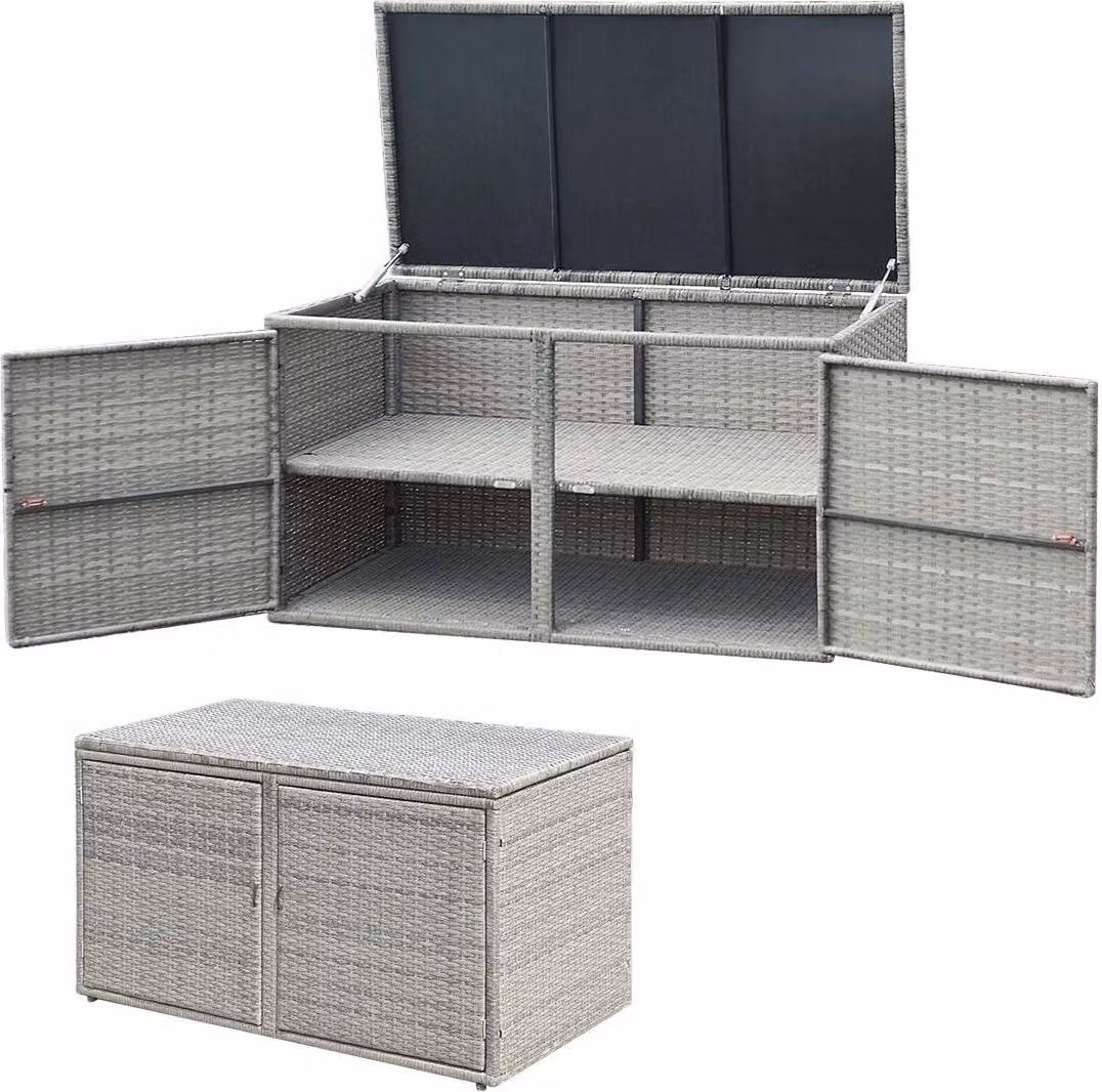KOMFOTTEU Cassapanca in rattan, cassapanca con doppia anta e coperchio, mobile da giardino a due ripiani, cassapanca resistente, contenitore per il giardino e il cortile (grigio)