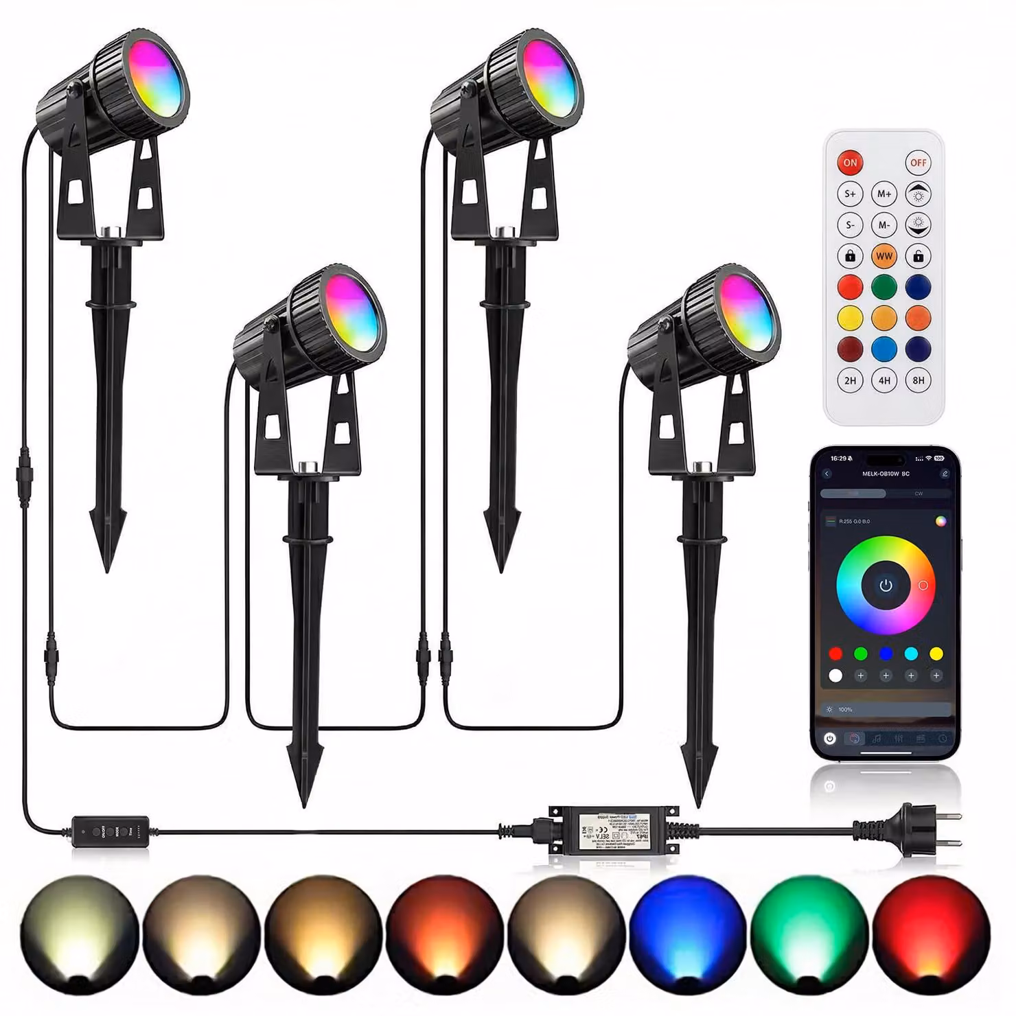 Set di 4 fari da giardino a LED, RGBW, 24V, 12W, con controllo tramite app e telecomando, grado di protezione IP65