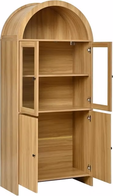 Credenza in legno color naturale con cornice a volta, ante in vetro trasparente e vano chiuso con motivo a onde, 78x40x176 cm