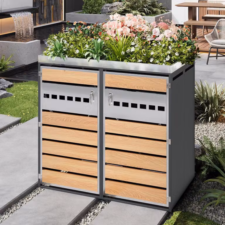 Flieks - Box per bidoni della spazzatura, box singolo, rivestimento per bidoni con zona per piante, box chiudibile a chiave per 2 bidoni da 120–240 L, grigio