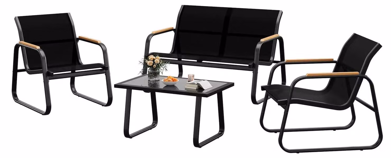 Set di mobili da giardino per terrazza - Set lounge da 4 pezzi - Divano a 2 posti, 2 poltrone, tavolino in vetro - Struttura in metallo con tessuto Textilene - Resistente agli agenti atmosferici, ideale per l'esterno - Colore nero