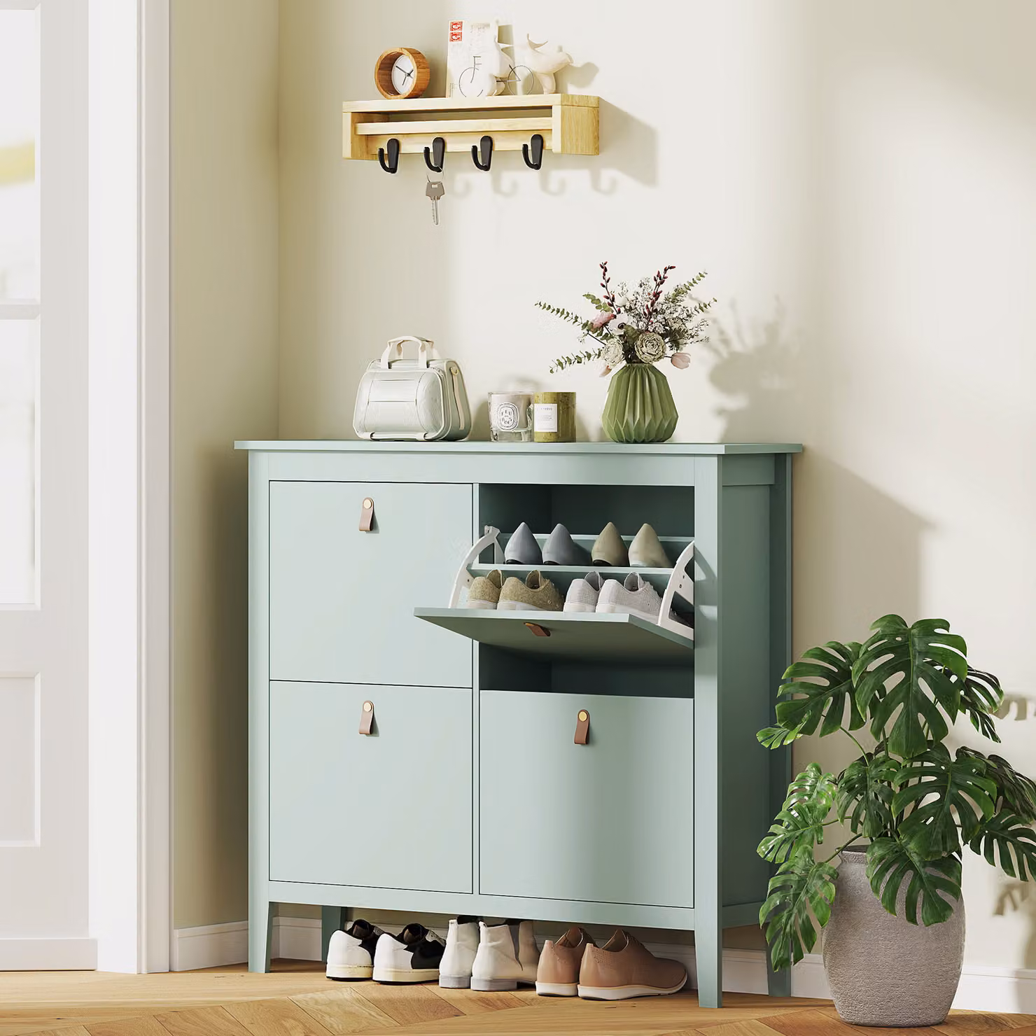 Scarpiera Slim HOMCOM con 4 Cassetti per 20 Paia di Scarpe, Ripiani Regolabili, Verde, L: 105 cm, P: 24 cm, H: 95.5 cm – 2
