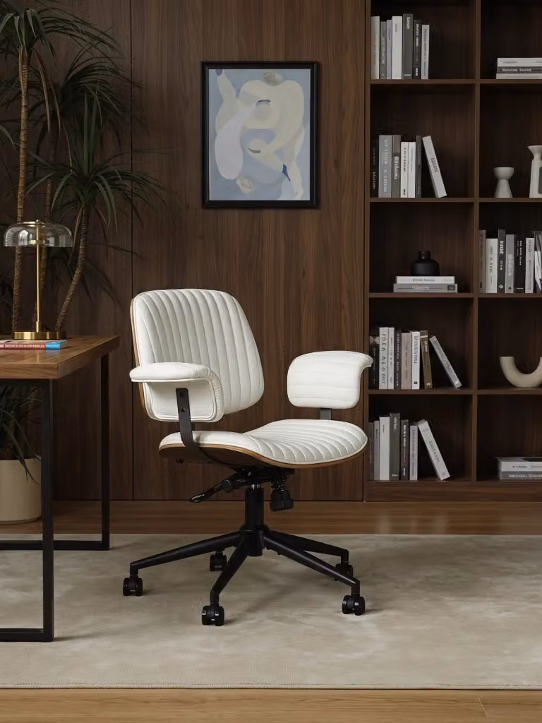 Sedia da ufficio girevole WISHDOR in ecopelle beige e bianca con braccioli e base in metallo – 2