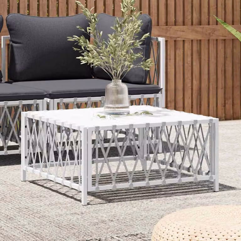 vidaXL Tavolo da giardino moderno in rattan bianco con struttura in acciaio L 70 x P 70 x H 34 cm