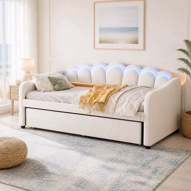 Letto Giorno 90x200 cm con Letto Estraibile, Divano Letto in Velluto Beige, Illuminazione LED RGB e Telecomando