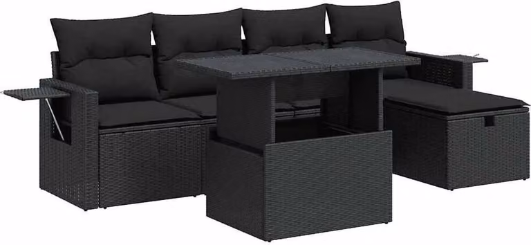 Set Divano da Giardino 6 pz con Cuscini Nero in Polyrattan