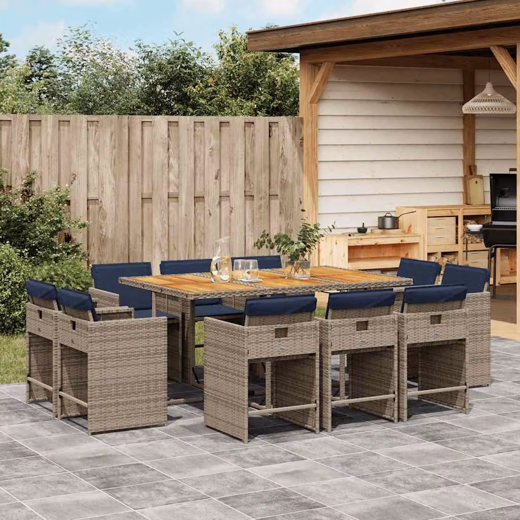Set da pranzo da giardino vidaXL in polyrattan e legno di acacia da 11 pezzi con cuscini, colore grigio