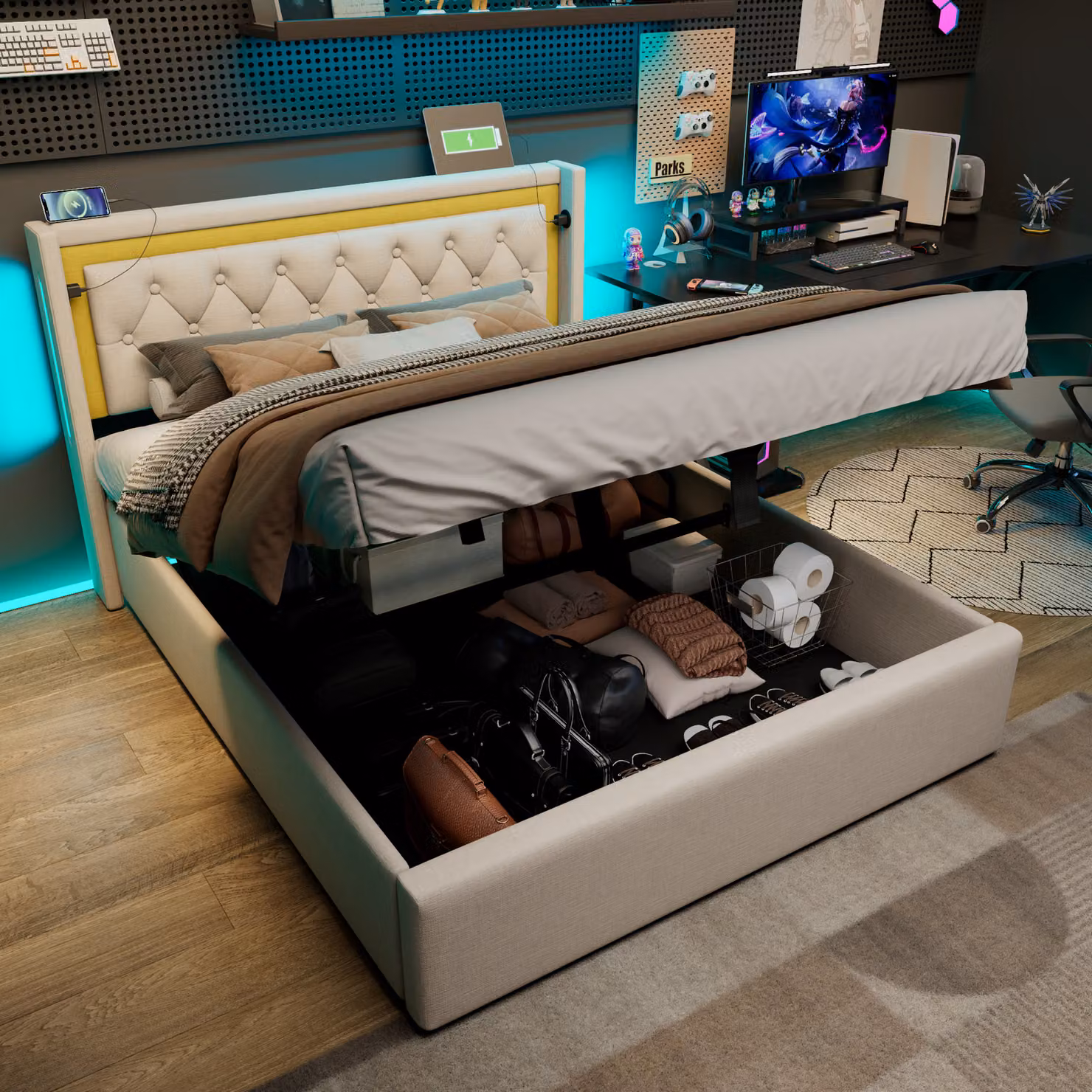 Letto imbottito Flieks 140x200cm con USB e tipo C, letto a molle idrauliche con contenitore, letto matrimoniale giovanile con LED, letto contenitore in cotone, beige