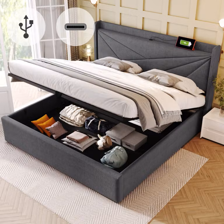 okwish Letto matrimoniale imbottito 160x200 cm, con contenitore integrato, funzione di ricarica USB Type-C nel poggiatesta, con rete, letto per la casa, letto per adolescenti, grigio (senza materasso)