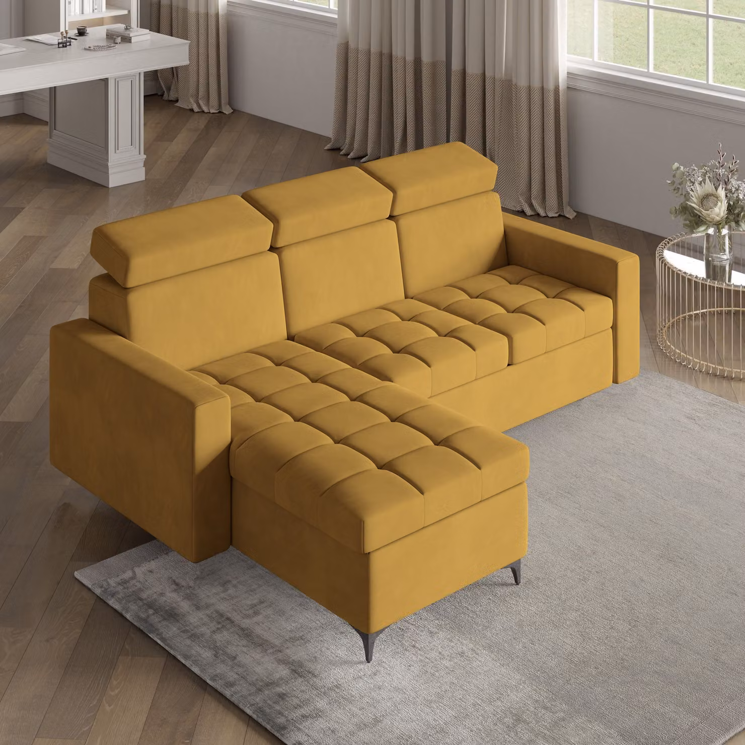 Divano angolare KAME di Masseno con funzione letto a L, divano con box letto, divano da soggiorno, divano, divano letto, set di divani - giallo, KRONOS 01