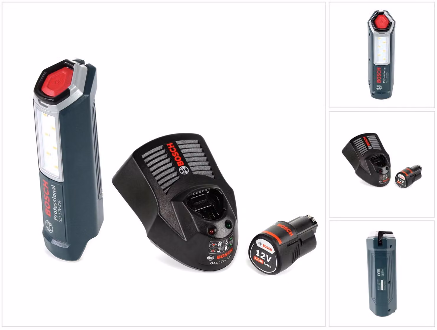 Bosch Professional GLI 12V-300 Lampada a batteria + 1x Batteria GBA 12 V 2,0 Ah + Caricabatterie GAL 1230