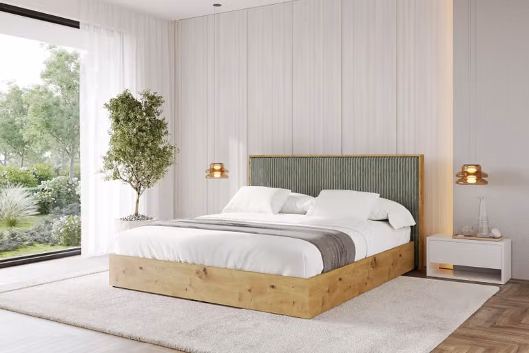 Letto imbottito ALTDECOR con contenitore - ENZO10 180x200 verde oliva, rete a doghe, letto contenitore con testiera e vano portaoggetti, letto matrimoniale con materasso H3/H4