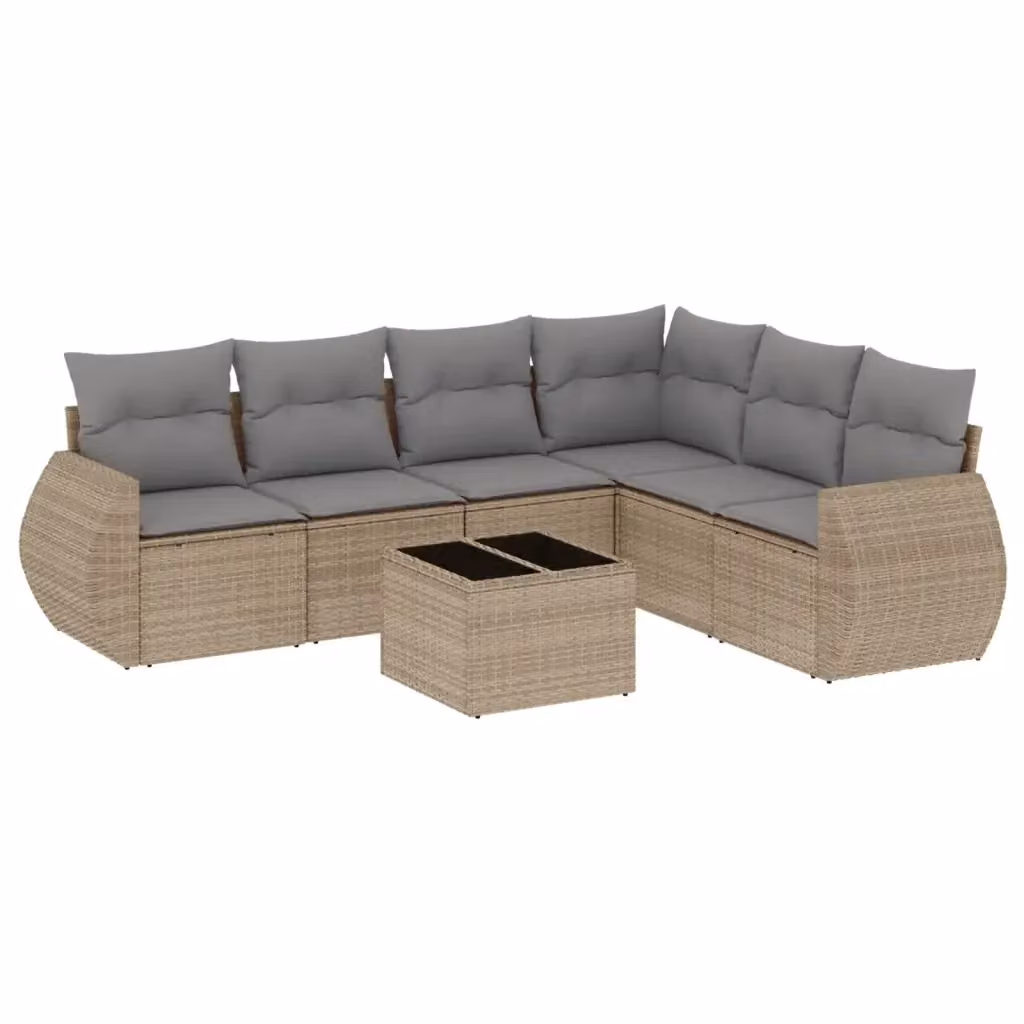 Set di divani da giardino vidaXL 7 pz a forma di L con cuscini beige e tavolino in vetro e rattan – 2