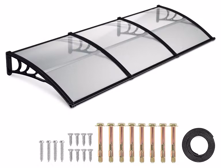 Tenda da esterno Ikodm per porta, con grondaia, 300 x 100 cm, copertura per porta in policarbonato, nero/trasparente, protezione dalla pioggia per l'ingresso