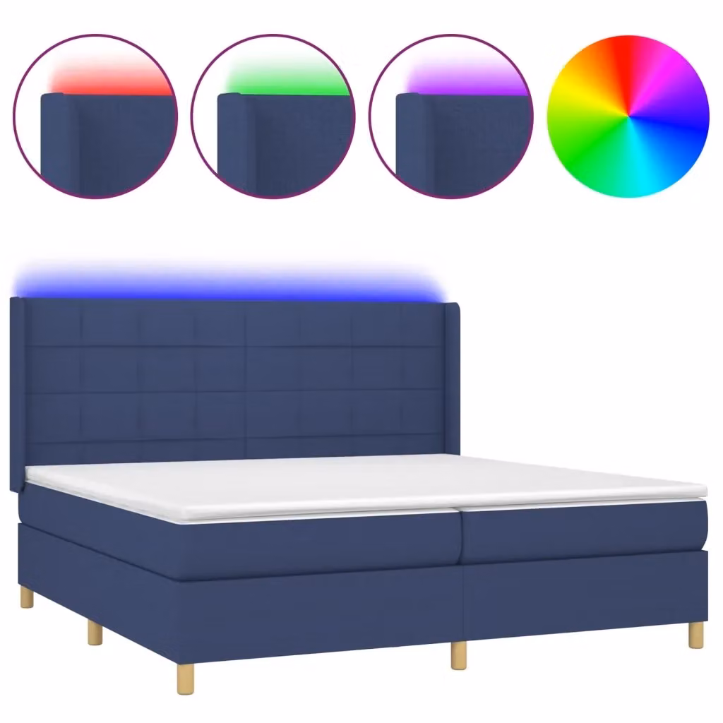 Letto Ibrido Moderno vidaXL con Materasso a Molle Individuali, Illuminazione LED Blu e Porta USB, Tessuto Bianco e Blu, L/P/H: 200 x 200 x 31 cm – 2