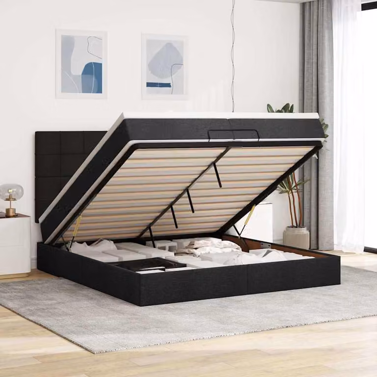 vidaXL Struttura Letto con Contenitore e Materasso in Tessuto Nero L: 200 cm, P: 200 cm, H: 28 cm