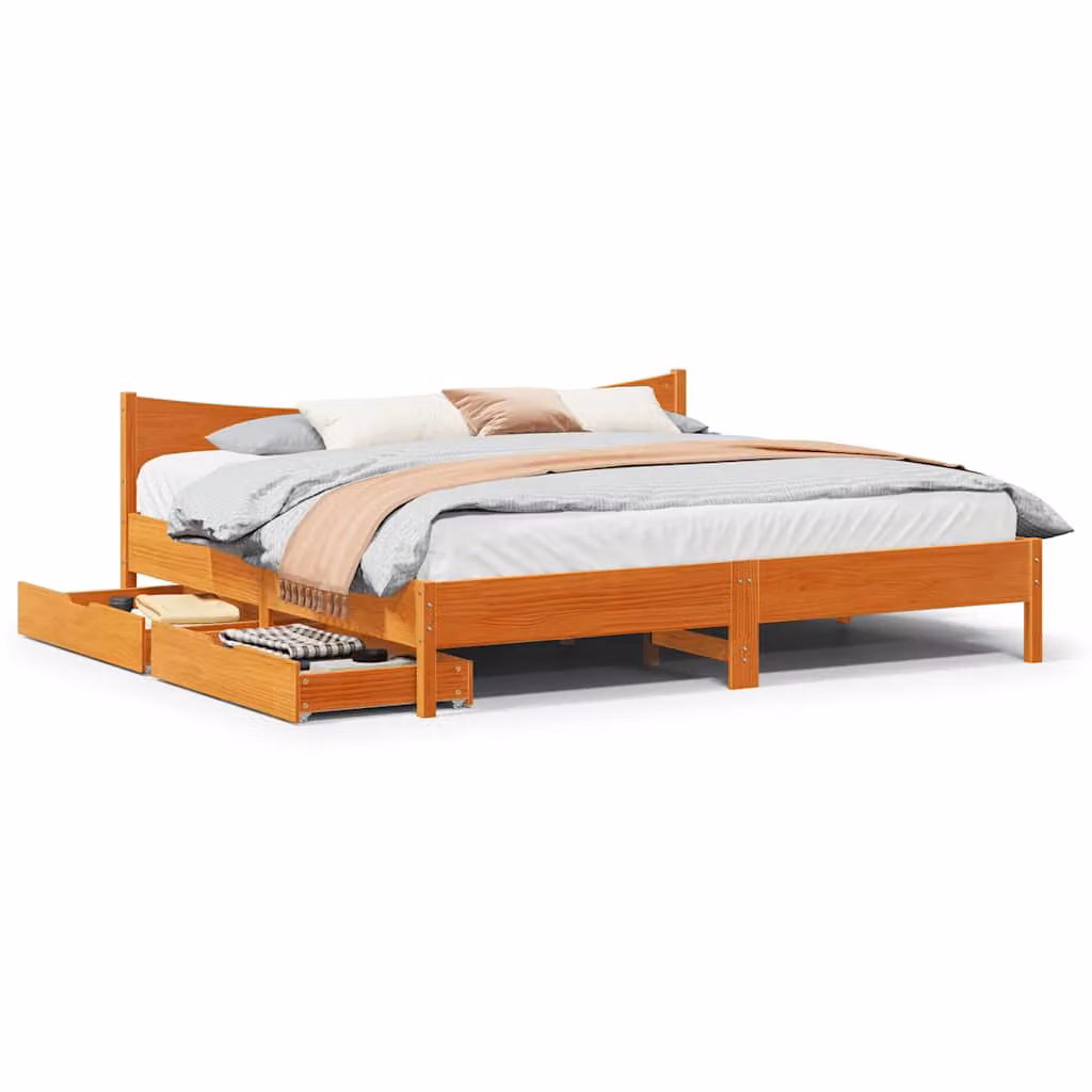 vidaXL Giroletto in legno massello di pino con cassetti, Marrone Cera, 180 x 200 cm