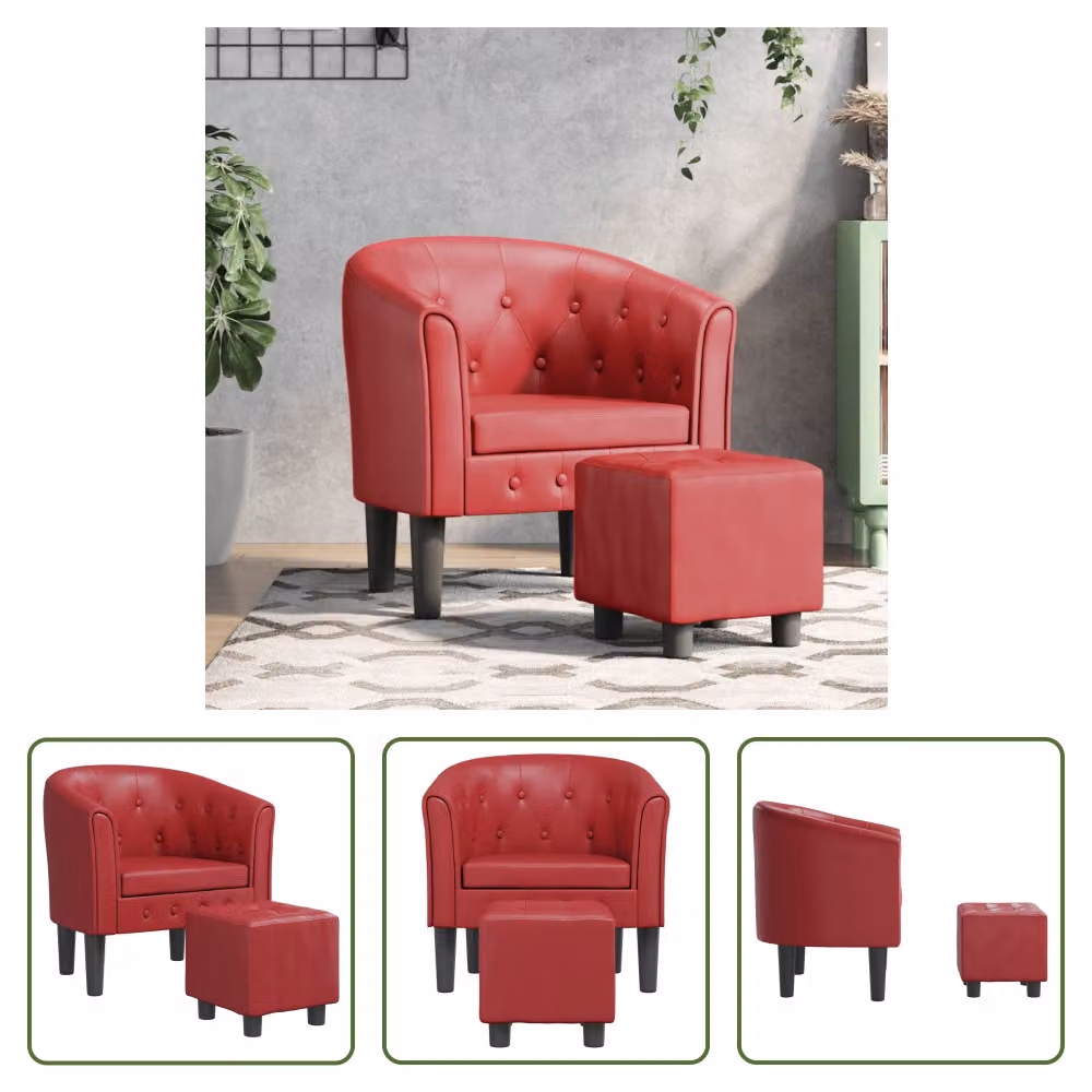 The Living Store Sedia club con poggiapiedi in ecopelle rosso vino