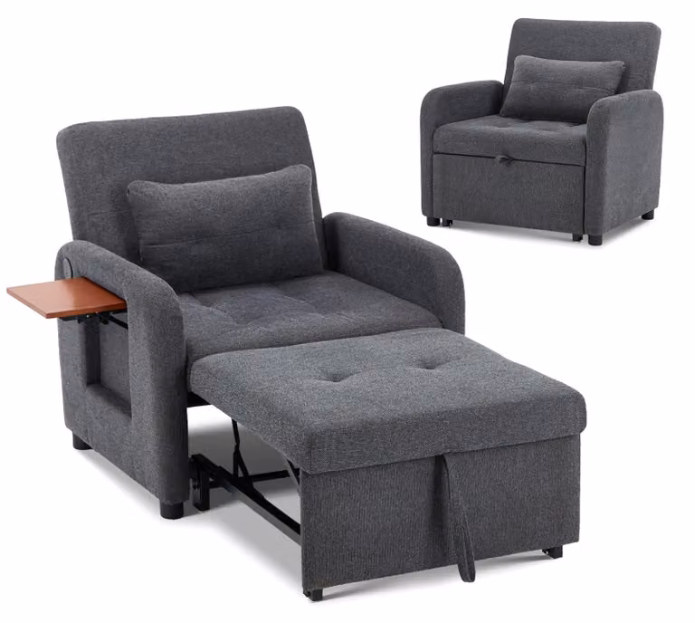 Divano letto pieghevole grigio scuro – tessuto multifunzionale, trasformabile da seduta a letto, con porta USB, tavolino pieghevole, cuscino e schienale regolabile