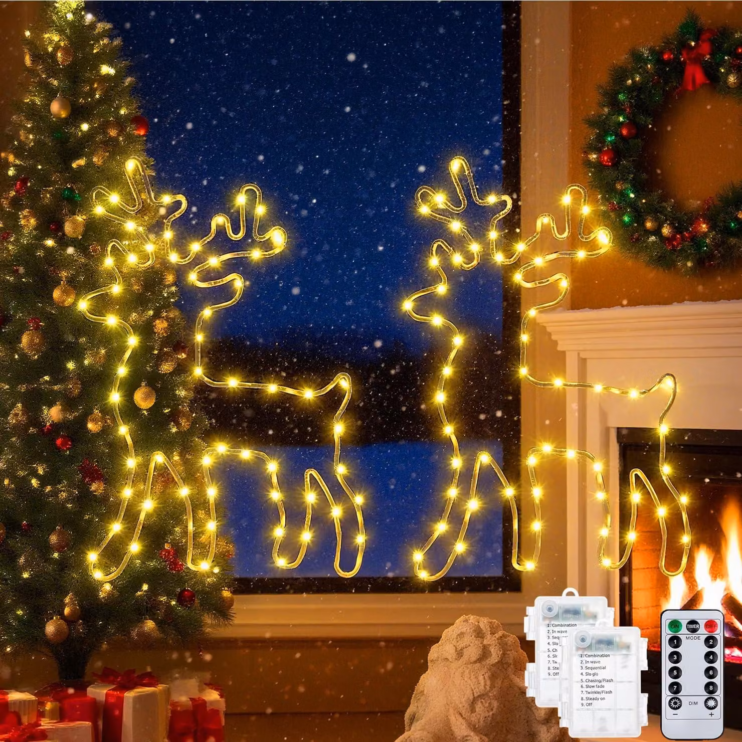Catena luminosa a tema natalizio con renne, confezione da 2, 120 LED, multicolore, 8 modalità, con timer