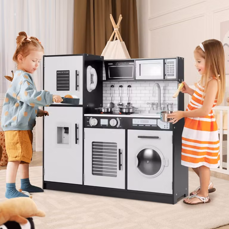 Set di cucina giocattolo Costway con forno, lavatrice, microonde e dispenser d'acqua, colore nero