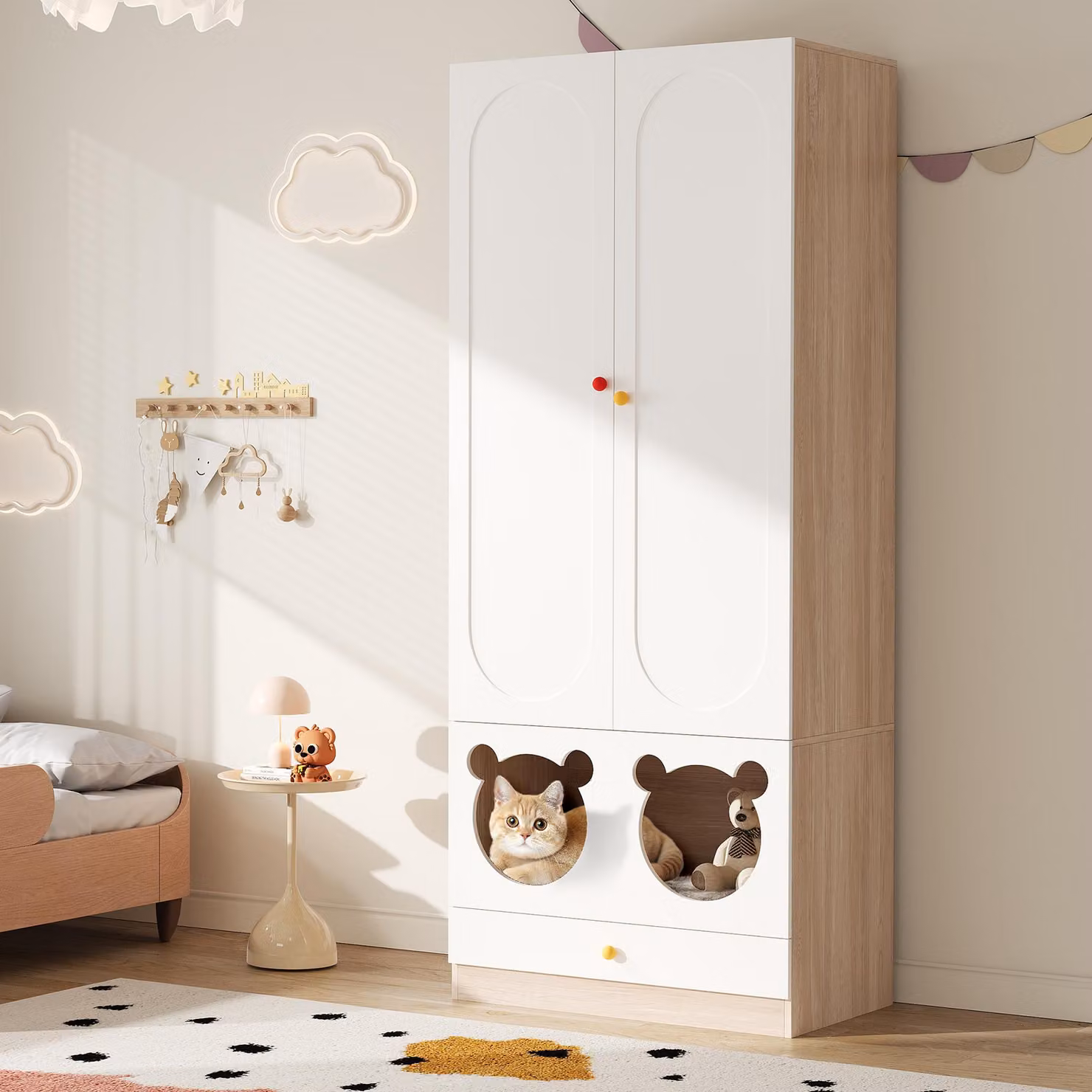 okwish Armadio per bambini, armadio da ingresso con appendiabiti e maniglie in Vetroceramica colorata, armadio con letto per gatti in pannelli verniciati + truciolato, Bianco + Legno naturale