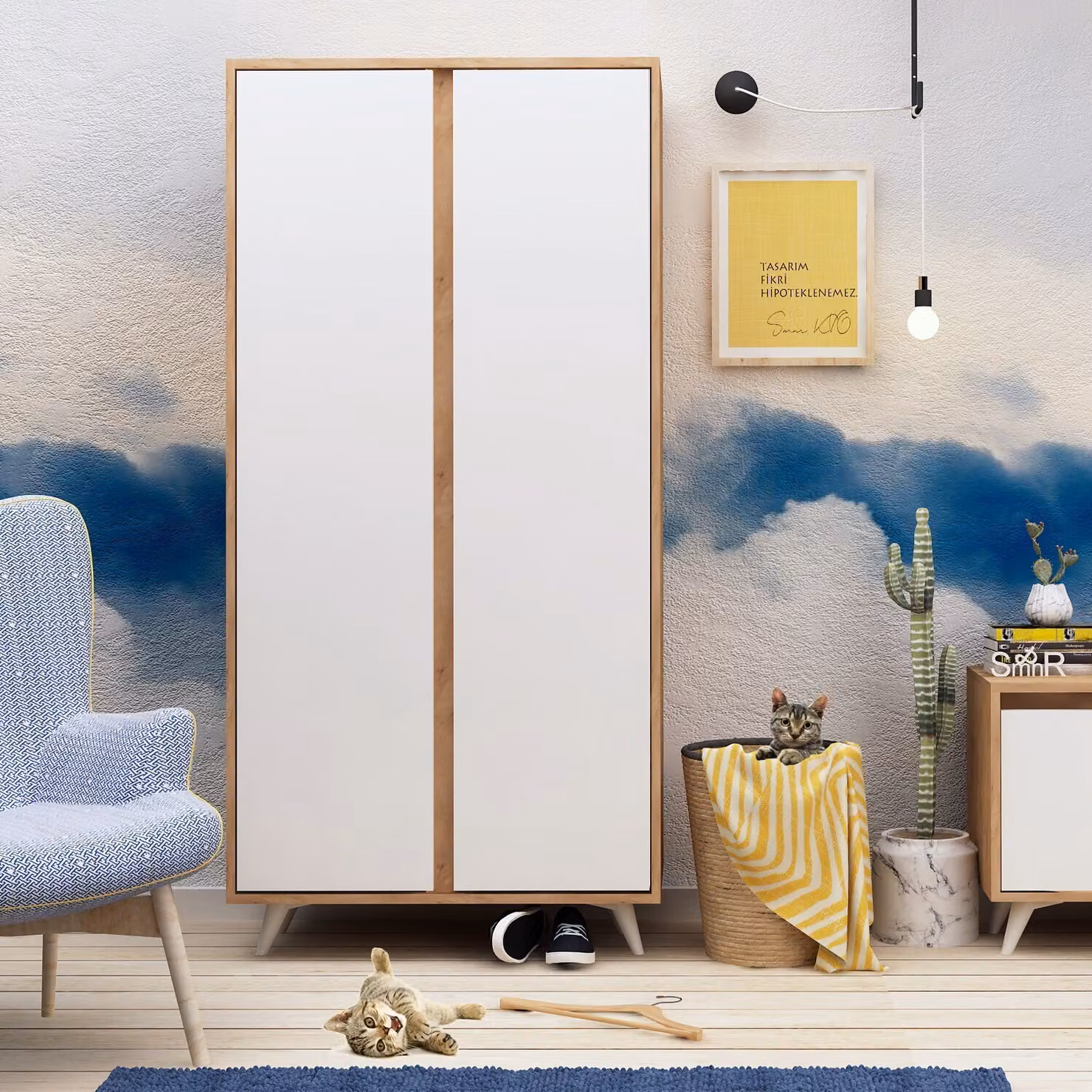 Skye Decor, Ajumma- AjummaMDD, color rovere, bianco, armadi, 187x100x52 cm, pannello truciolare rivestito al 100% in melamina
