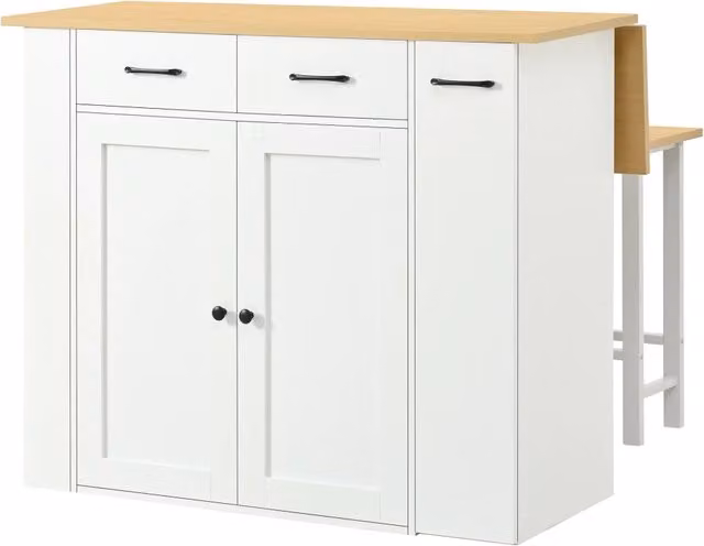 Isola Cucina con Tavolo Estensibile 120×45-75 cm; 2 Sgabelli; Ripiani Regolabili; Cassetti e Prese AC/USB Bianco