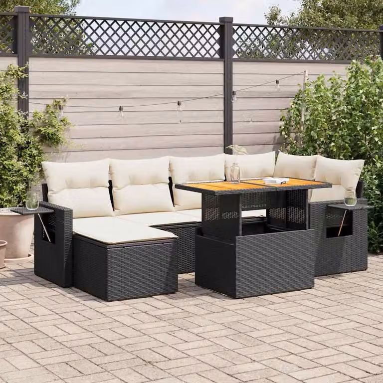 Set Divano da Giardino a L vidaXL in Polyrattan Nero con 7 Cuscini e Tavolino da Esterno