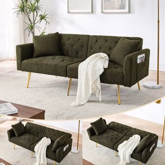 Divano 2 posti in tessuto boucle ¨C Minimal ¨C verde, cuscini inclusi, gambe in metallo, schienale regolabile