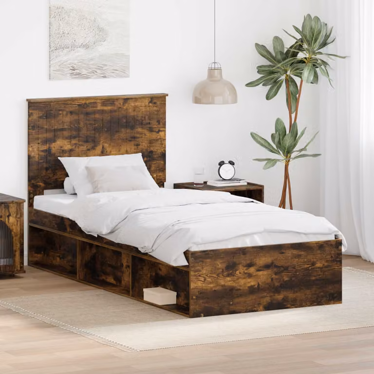 Struttura del letto vidaXL in pino massello e legno, colore rovere fumo, dimensioni 90 x 190 cm