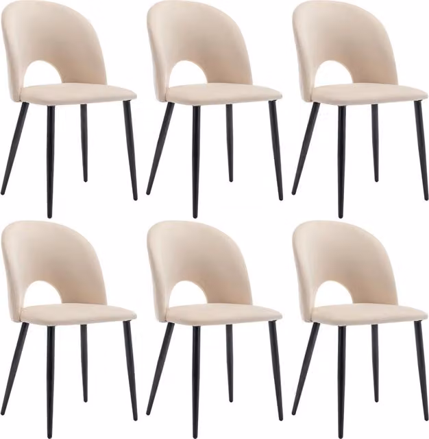 Set di 6 sedie da pranzo moderne in velluto beige con schienale trapuntato e struttura in metallo e legno, L: 47 cm, P: 44 cm, H: 84 cm