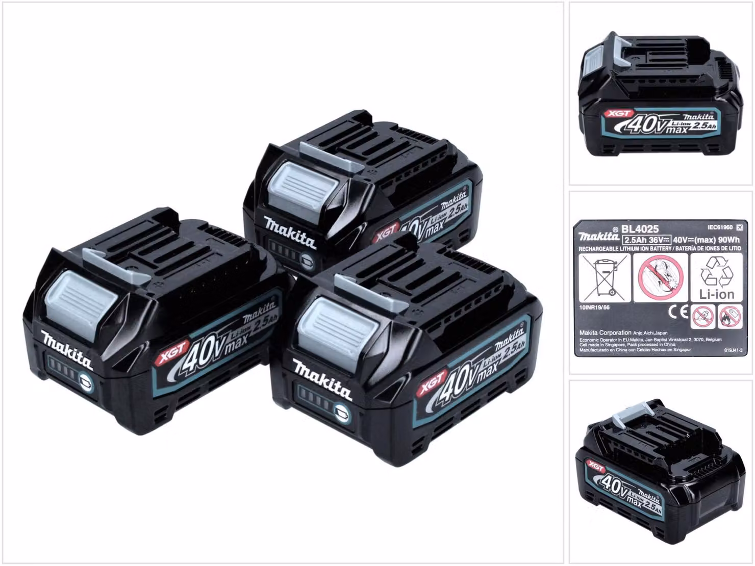 Set di batterie Makita 40 V con 3x BL 4025 2,5 Ah ( 3x 191B36-3 ) XGT Li-Ion classe di protezione IP64 con display a LED