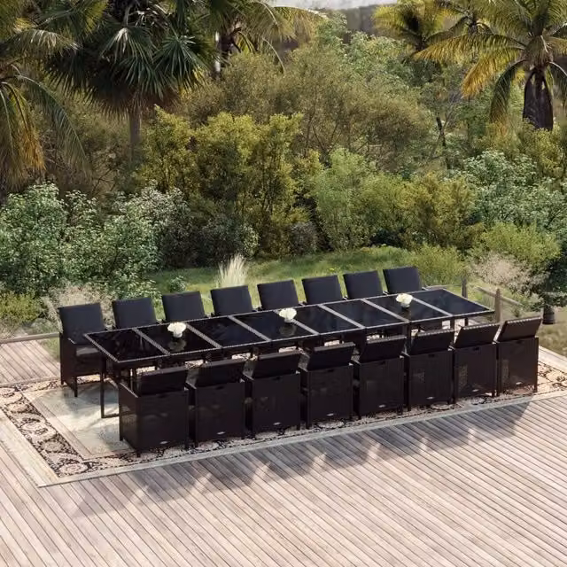 Set da Pranzo da Giardino vidaXL in Polyrattan Nero con Cuscini e Tavolo in Vetro, 17 Pezzi