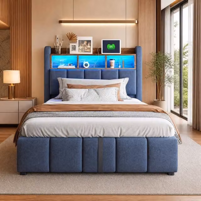 Letto imbottito 90x200 cm grigio con LED; USB; Type-C e contenitore idraulico