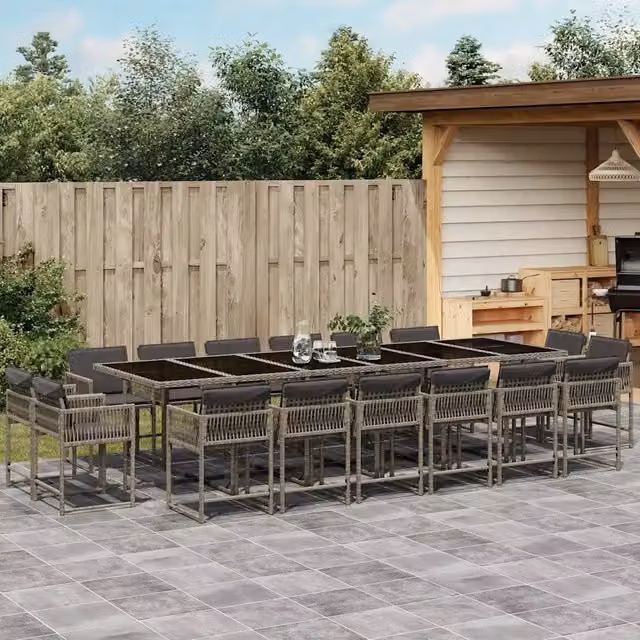 Set da pranzo da giardino vidaXL in polyrattan con cuscini grigi e piano in vetro nero, 17 pezzi – 1