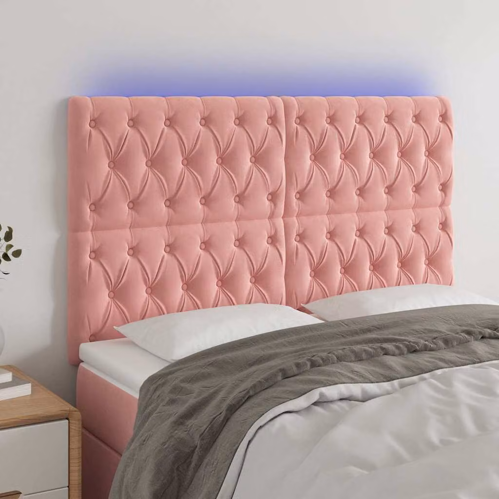 Testiera per letto con illuminazione LED e porta USB vidaXL in velluto rosa, L: 160 cm, P: 7 cm, H: 118-128 cm