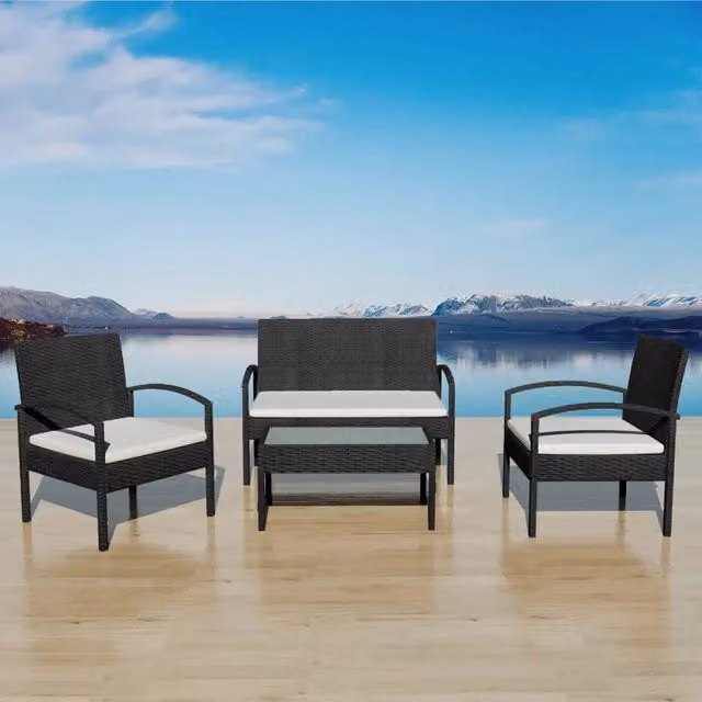 Set Divani da Giardino 4 pz con Cuscini in Polyrattan Nero