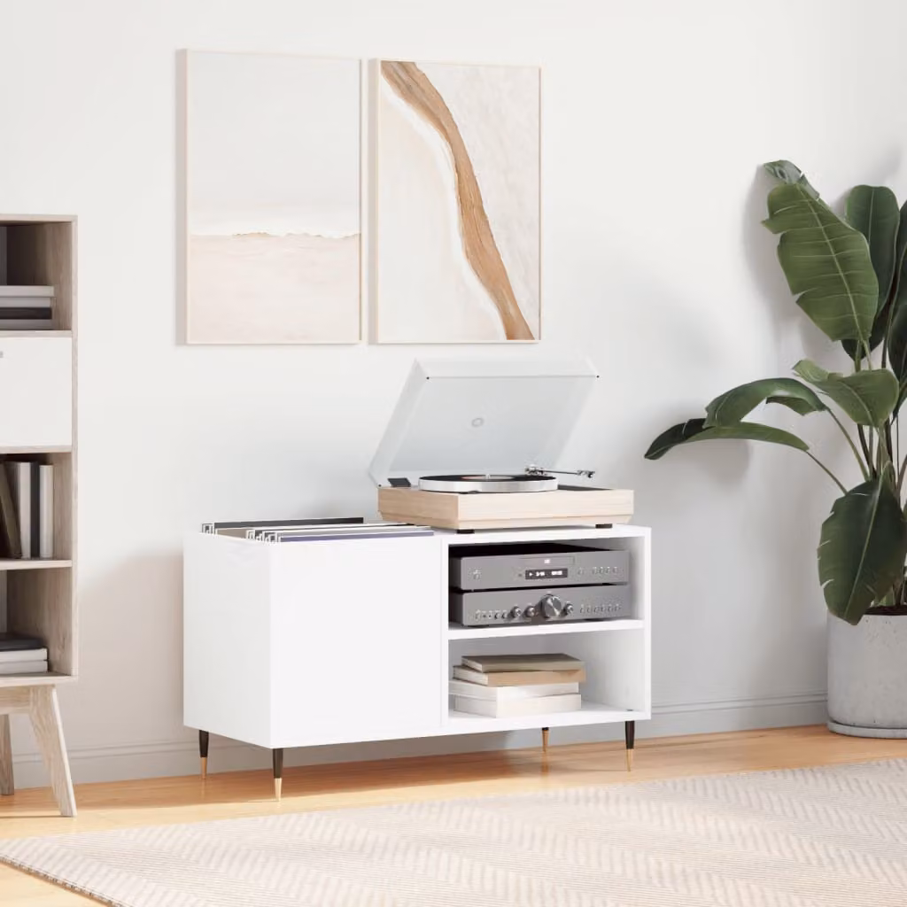 vidaXL Mobile Porta Dischi Bianco in Legno e Metallo L: 85 cm, P: 38 cm, H: 48 cm
