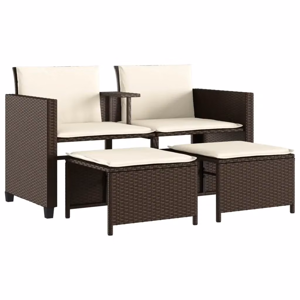 Set da giardino Design Mania composto da divano 2 posti, tavolino e pouf in polyrattan marrone con cuscini bianchi e struttura in metallo – 2