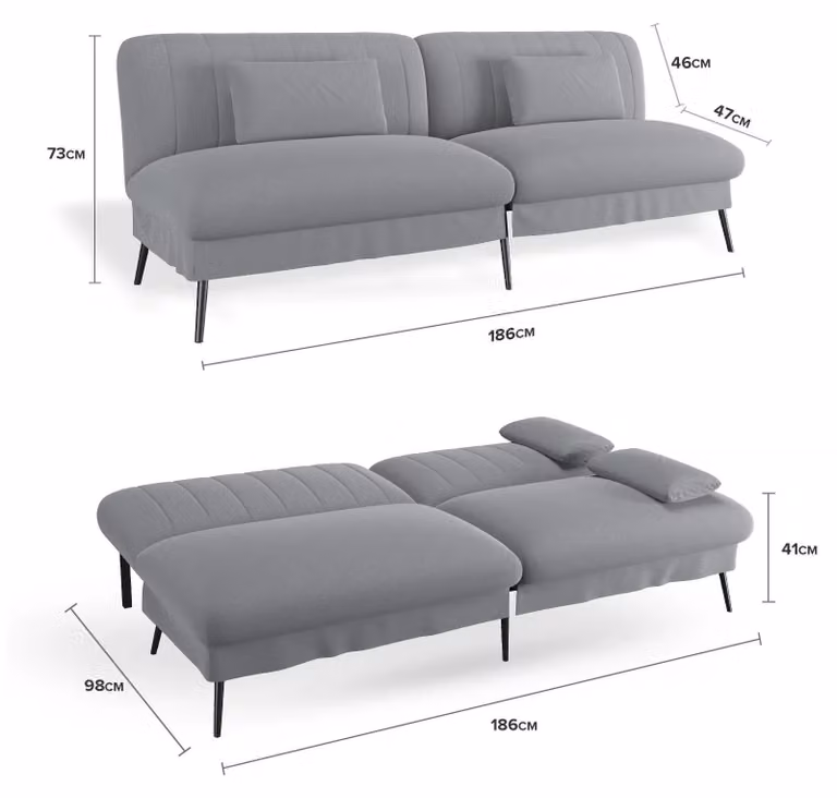 Divano letto - Divano pieghevole 2 in 1 - A L - 2 posti - Struttura in metallo - Rivestimento in tessuto - Design moderno - 186×47×73 cm - Grigio